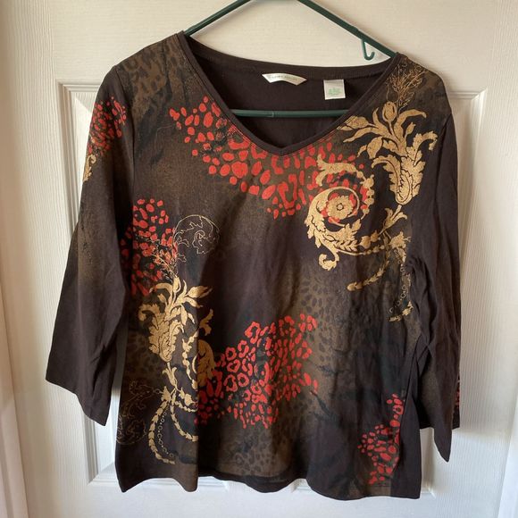 Laura Ashley Blouse Women’s Size Large 3/4 Sleeve V Neck Relaxed Floral Animal - Picture 1 of 8